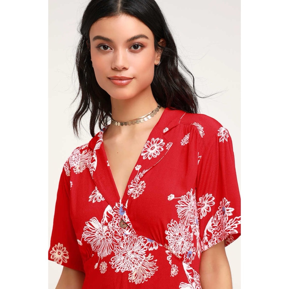 Free People Blue Hawaii Red Floral Print Short Sleeve Mini Dress A-Line Boho - Picture 13 of 14